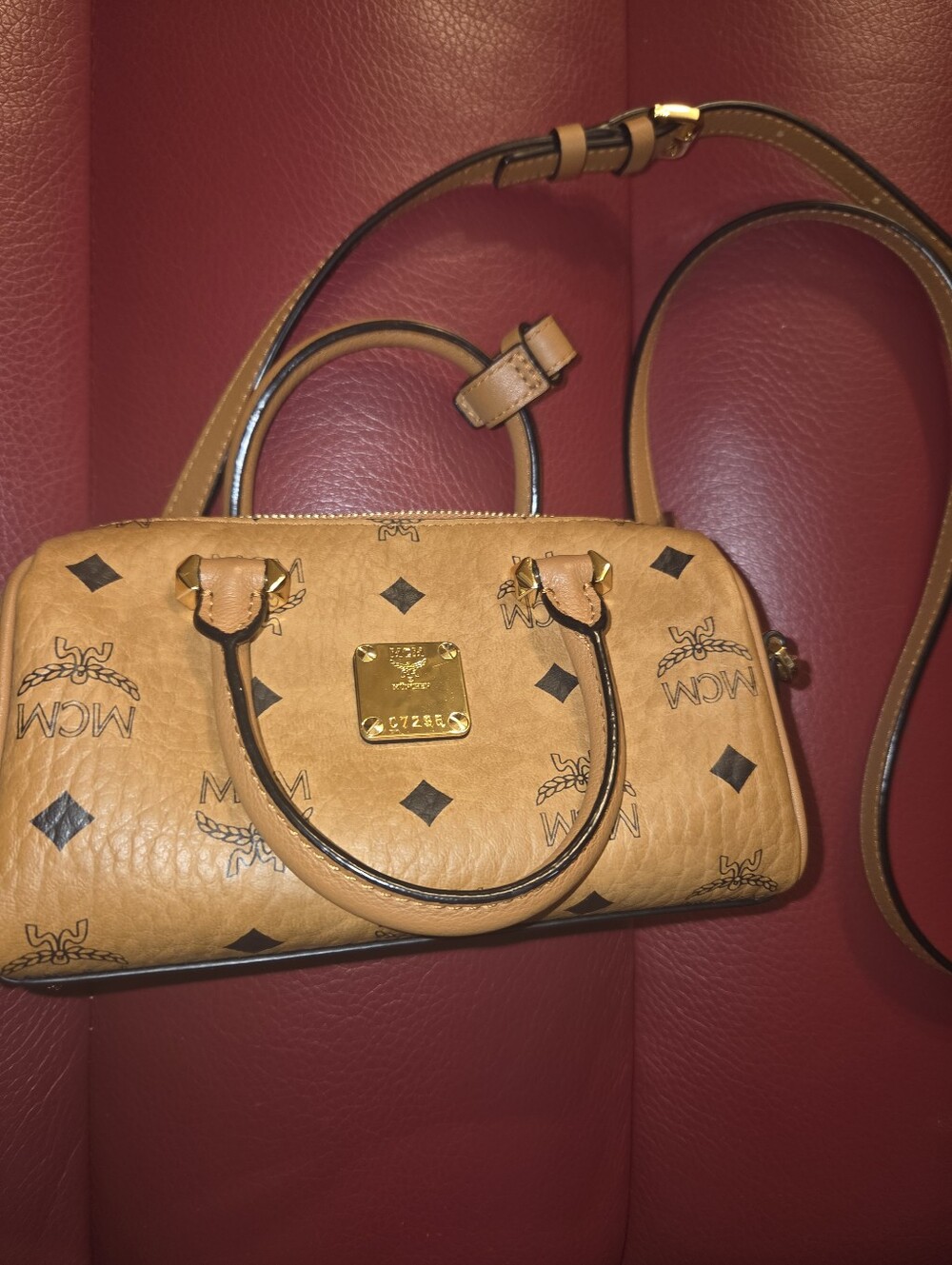 MCM Mini Boston Cognac Visetos Logo Satchel with Gold Plaque
